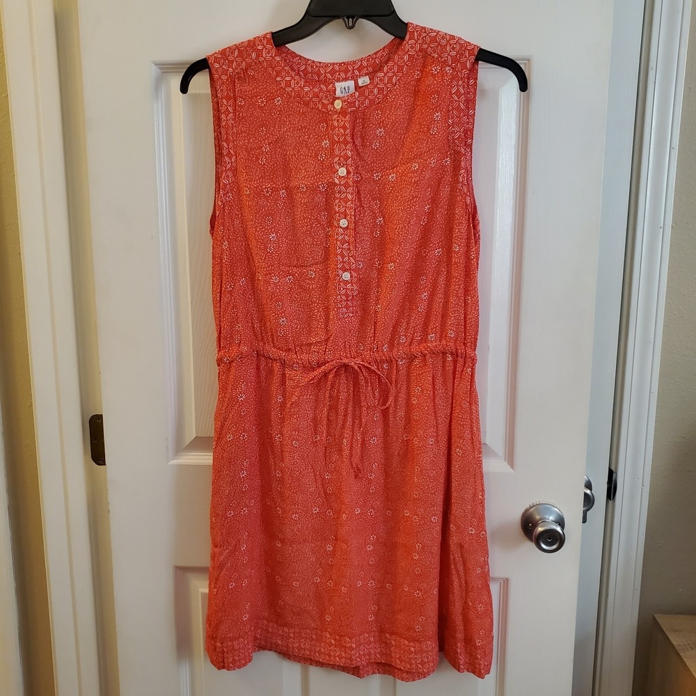 GAP sz M red print rayon slvless shirtdress spring summer beach casual cottage‎